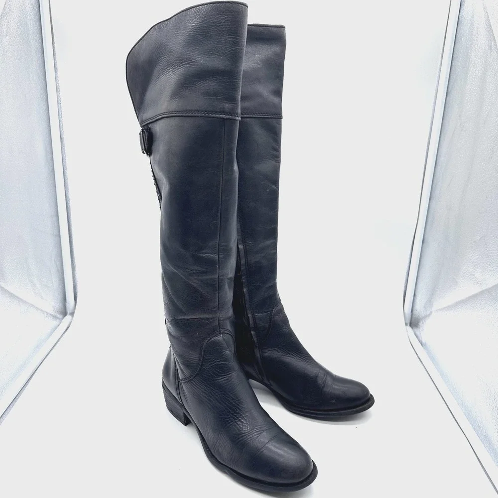 Vince Camuto Bollo Black Leather Knee High Biker Moto Goth Studded Boots 6.5 B - Picture 3 of 16